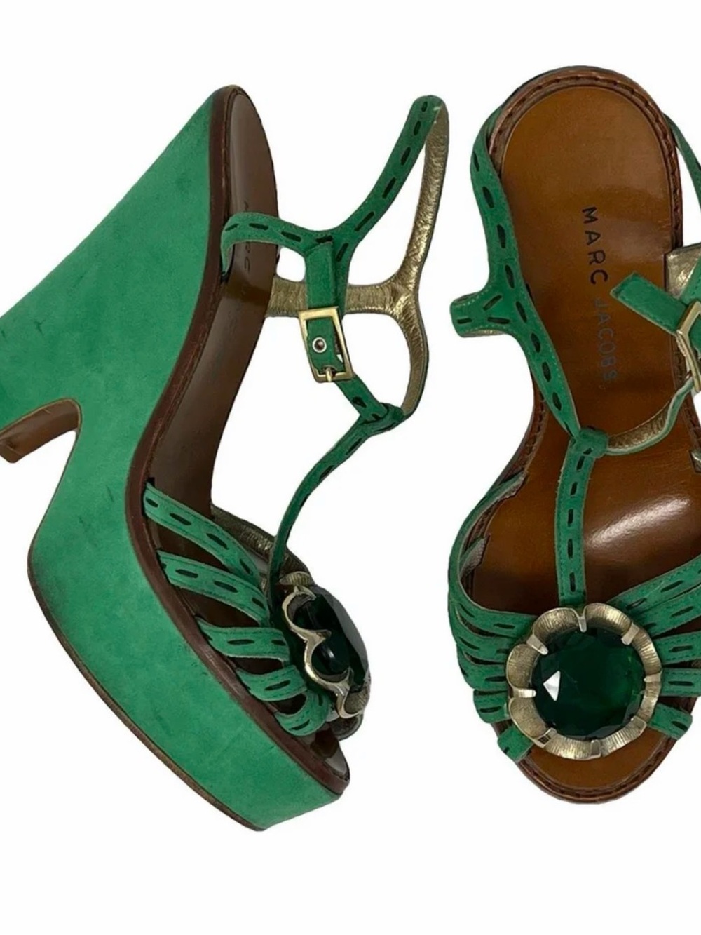 Marc Jacobs Emerald Green Suede Platform Sandals with Jewel Detail - Picture 1 of 13